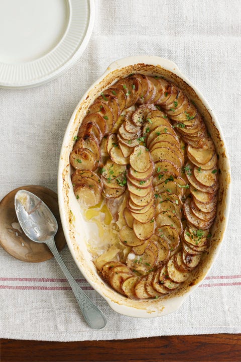 leek and potato gratin in a serving dish shot overhead