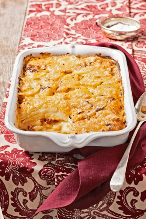 pimento cheese potato gratin in a white rectangle casserole dish