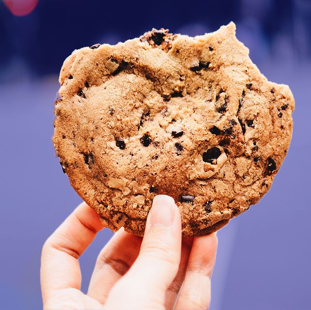 hand holding up chocolate chip cookie