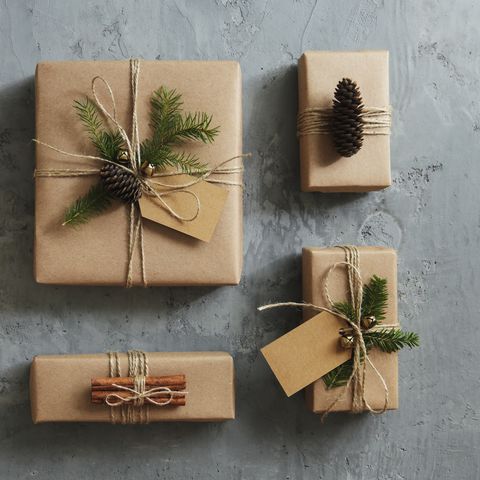 high angle view of christmas presents wrapped in kraft paper