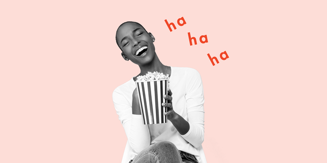 woman laughing, holding popcorn, with red text reading "ha ha ha"