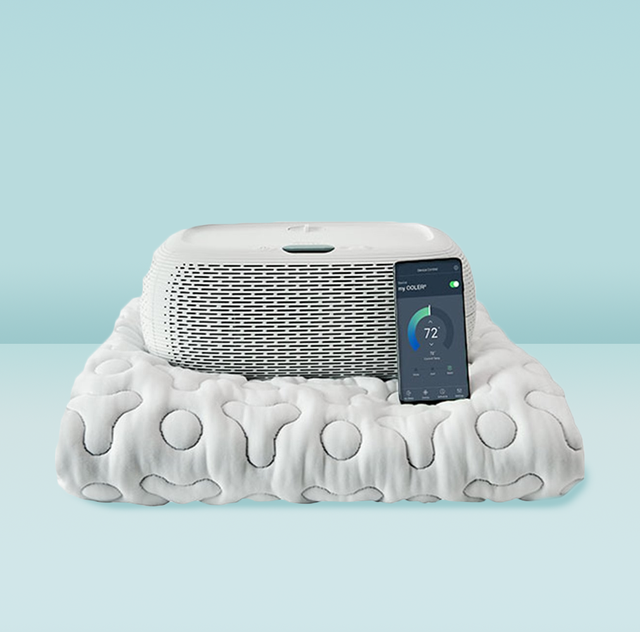 a chilisleep ooler sleep system with the control box, phone app and mattress pad on a blue background