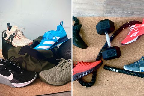 variety of fitness shoes on a mat with a duffel bag and workout equipment