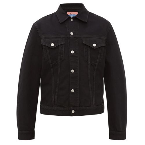 black denim jacket white stitching mens