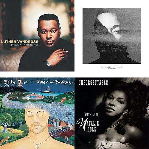best father's day songs  assorted album covers for songs by billy joel, natalie cole, luther vandross, john legend