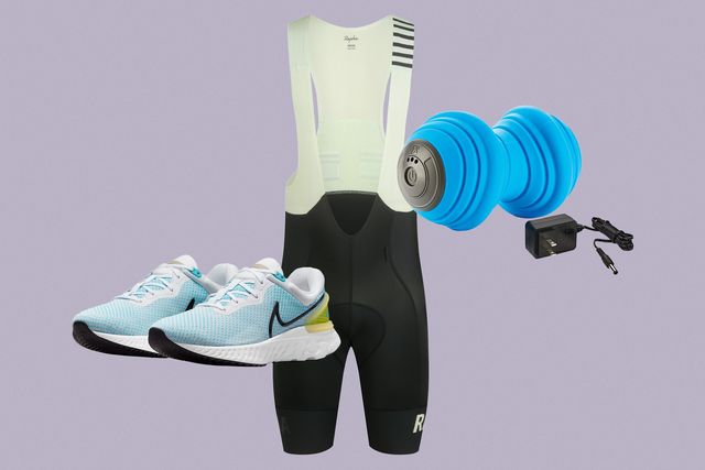 collage of fitness bib shorts, nike shoes, and a foam roller