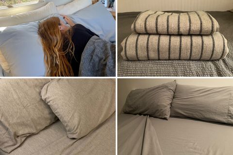 collage of sheets on a beds and a woman sleeping on flannel sheets