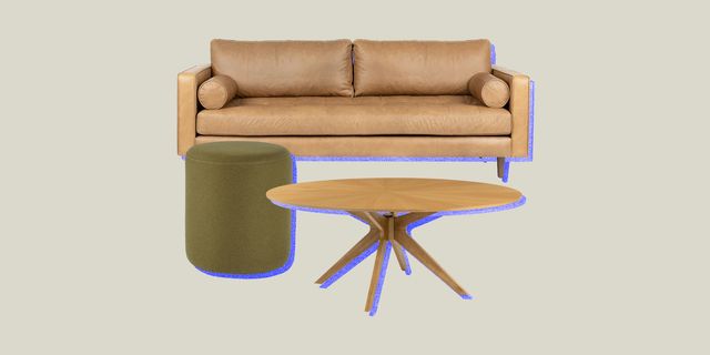 collage of a couch, a table, and an ottoman