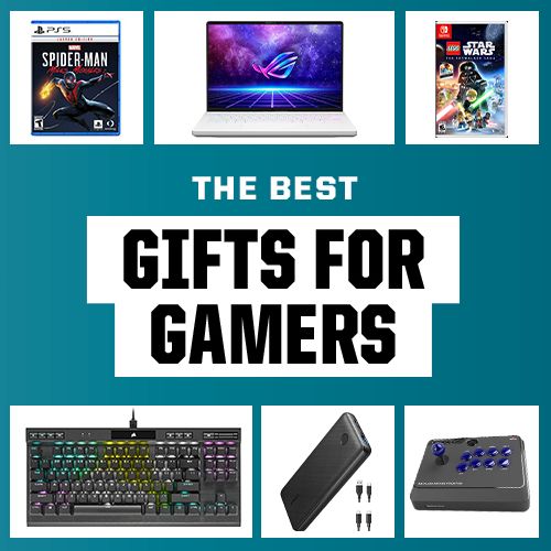 gifts for gamers including backpacks, ps5 games, headsets, microphones, computer mice, keyboards, and water bottles
