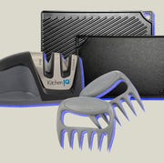 collage of a griddle, a knife sharpener, and meat claws