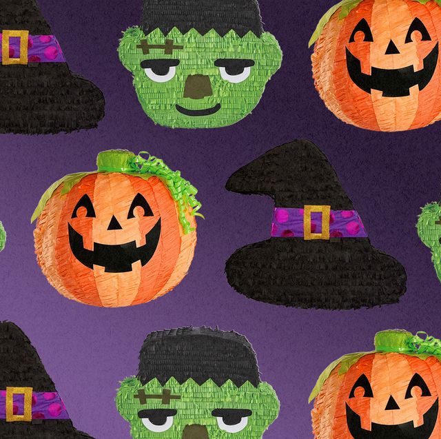 a frankenstein, pumpkin, and witch hat pinata assorted into a pattern against a grainy purple background