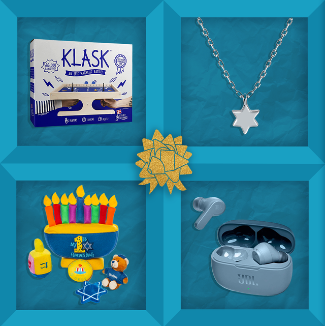 hanukkah gifts for kids such as magnetic party games,  baby’s my first hanukkah toy playsets, hebrew blocks, tiny jewish star of david necklaces, jbl headphones, and more