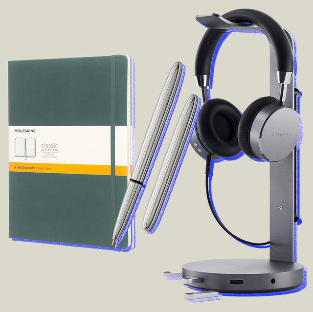 collage of a notebook, pen, and headphones on a headphone stand