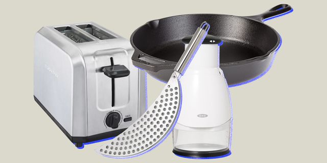 collage of a toaster, a cast iron pan, a vegetable chopper, and a strainer