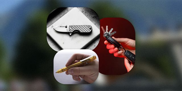 pocket knife, orbit key, and pen in a collage style