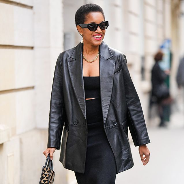 tamu mcpherson wears a leather blazer in a roundup of the best leather blazers for women 2022