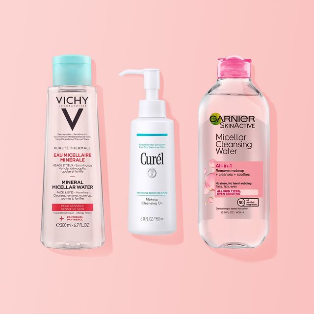vichy curel and garnier makeup removers on pink background