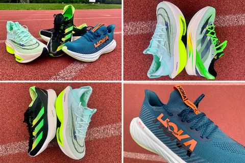 variety of running shoes on a track