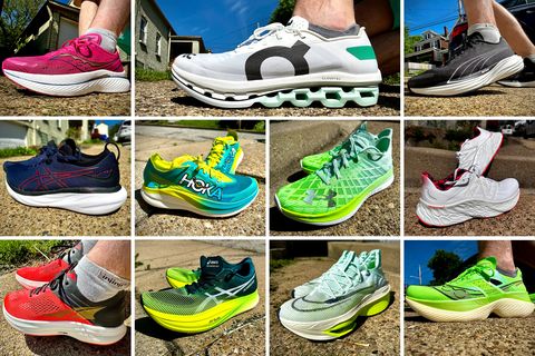 collage of running shoes outside