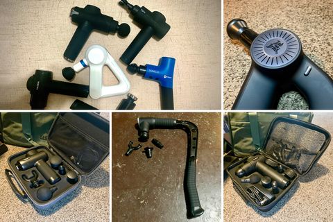collage of a variety of massage guns