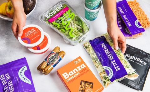 an assortment of healthy vegan groceries from hungryroot, a good housekeeping 2022 best meal delivery service
