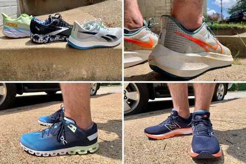 collage of a person wearing running shoes and 3 pairs on a sidewalk