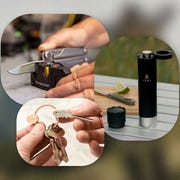 collage of a knife sharpener, keychain, and flask speaker