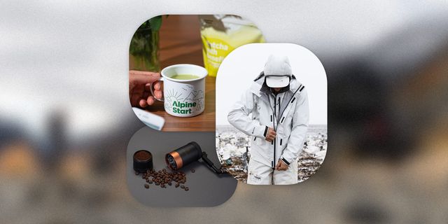 collage of vssl java coffee grinder, alpine start with benefits matcha in a mug, and sitka nodak system jacket
