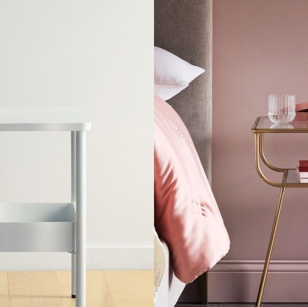 white side table, gold and clear side table next to bed