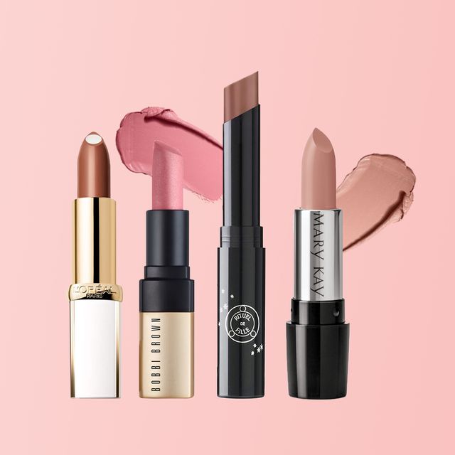 nude colored lipsticks on pink background