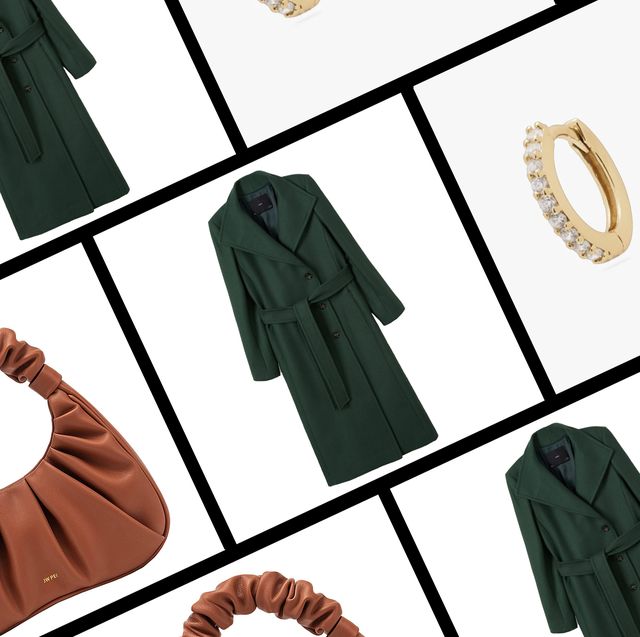 a collage of fashion items bazaar readers bought most in 2021 including a plus size mango coat, jw pei bag, studs earrings, and fake celine hat