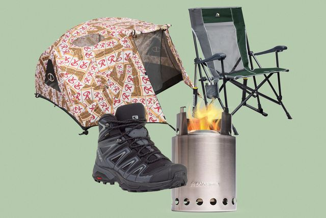 collage of a tent, hiking boot, fire pit, and outdoor chair