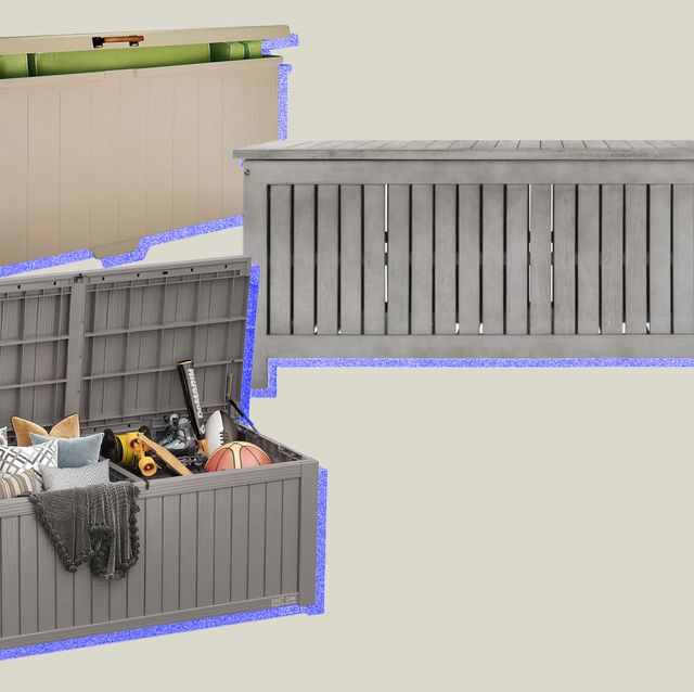 collage of three outdoor storage boxes