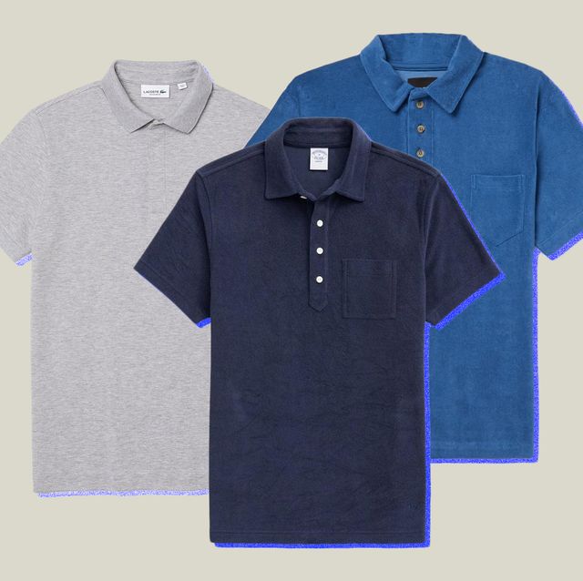three polo shirts in gray, navy, and blue