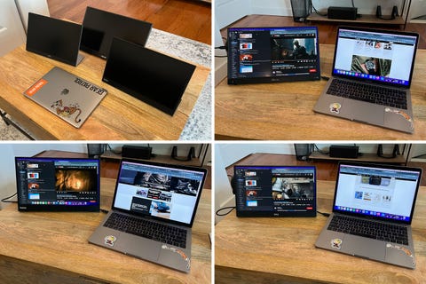 collage of macbook with various portable monitors