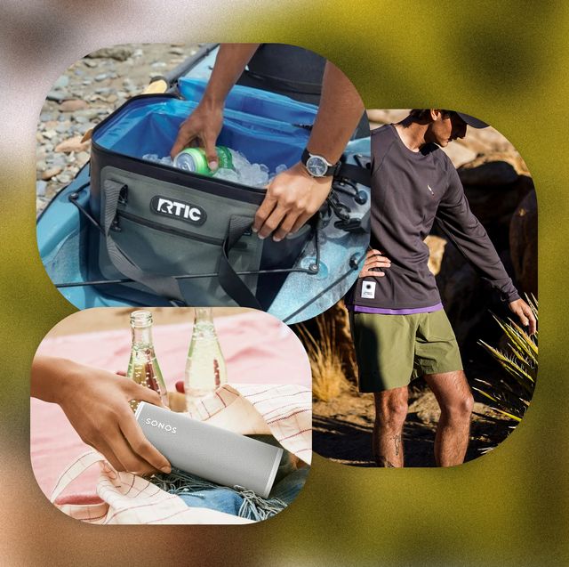 rtic cooler, man on a hiking trail, and someone reaching for a sonos speaker