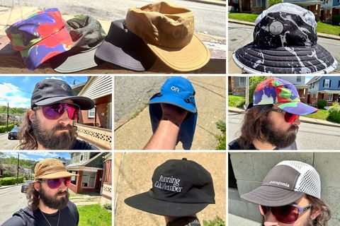 collage of running hats outside
