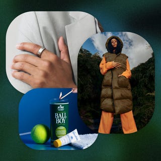 collage of a man wearing a ring, a candle being lit, and a woman wearing a long hooded vest