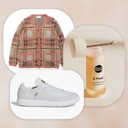 collage of a shoe, sweater, and skin care powder