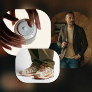 collage of a man in a brown sport coat, adidas shoes, and hand cream