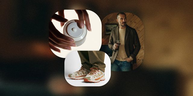collage of a man in a brown sport coat, adidas shoes, and hand cream