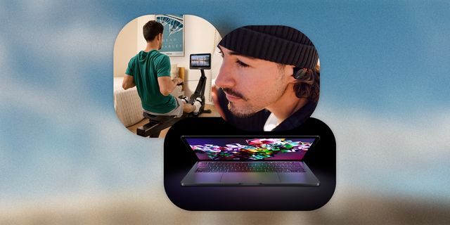 collage of a macbook laptop, man wearing ear buds and a beanie hat, and a man working out on home rowing equipment