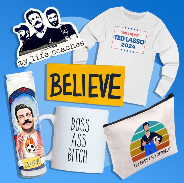 ted lasso themed gifts such as candles, mugs, stickers, signs, shirts, and more