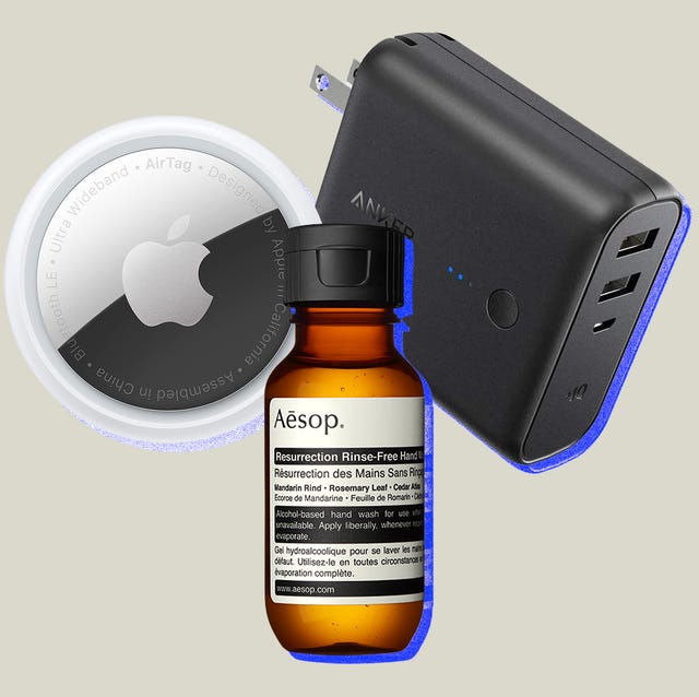 collage of an airtag, a travel charger, and rinse free hand wash
