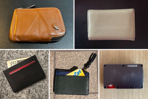 collage of five wallets