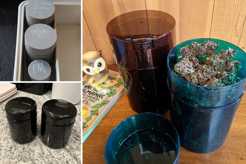 collage of weed containers on tables