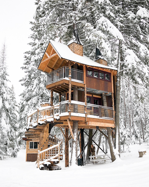montana treehouse retreat in the snow