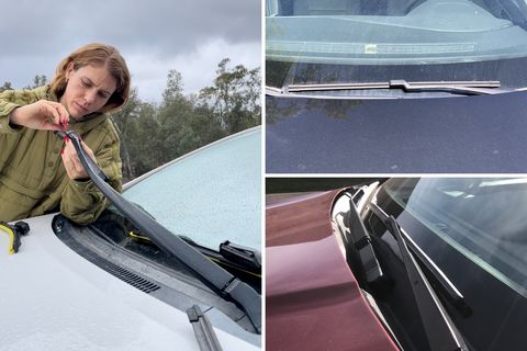 collage of a woman putting on a wiper blade and two cars with wiper blades on them
