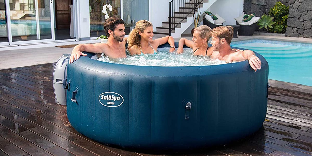 photo Bestway Saluspa Miami Inflatable Hot Tub Stores this giant inflatable hot tub can hold 6 people for a relaxing way to unwind