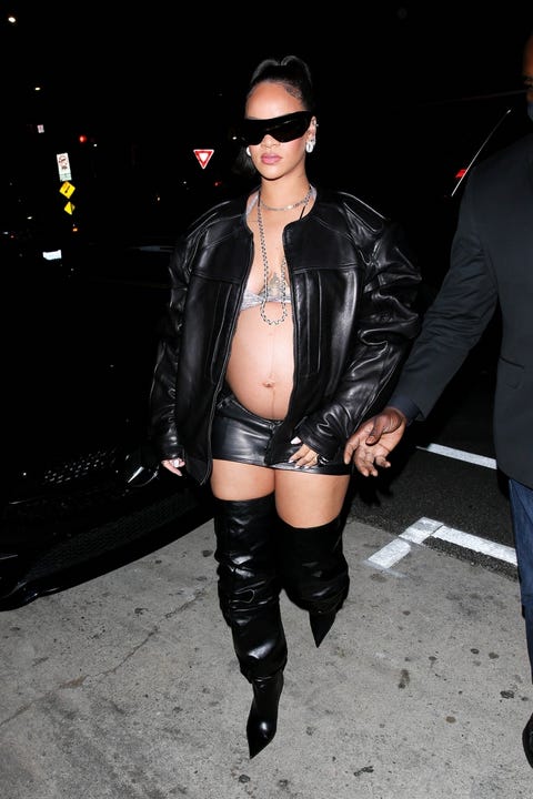 rihanna steps out at night wearing mini leather skirt and leather jacket